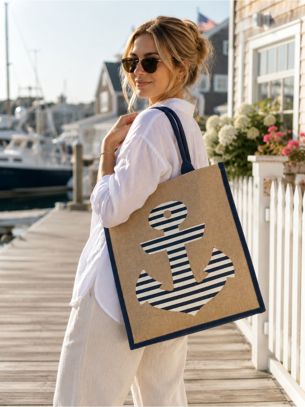 Anchor Burlap Tote Bag | Nautical Beach Market Shopping